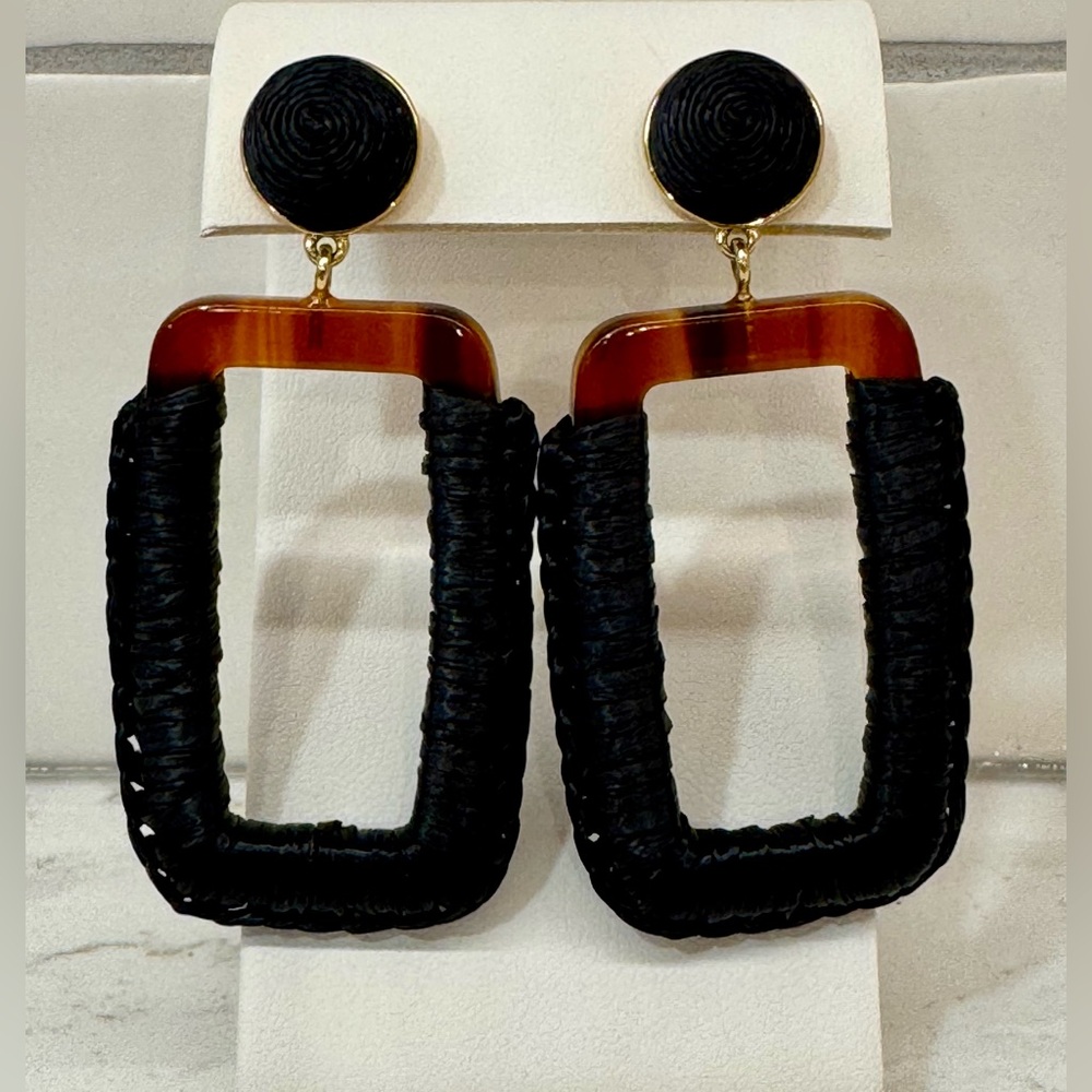 J.Crew Oversized Wrapped Drop Earrings – Black & Tortoise – EUC NEW backs - Picture 2 of 4